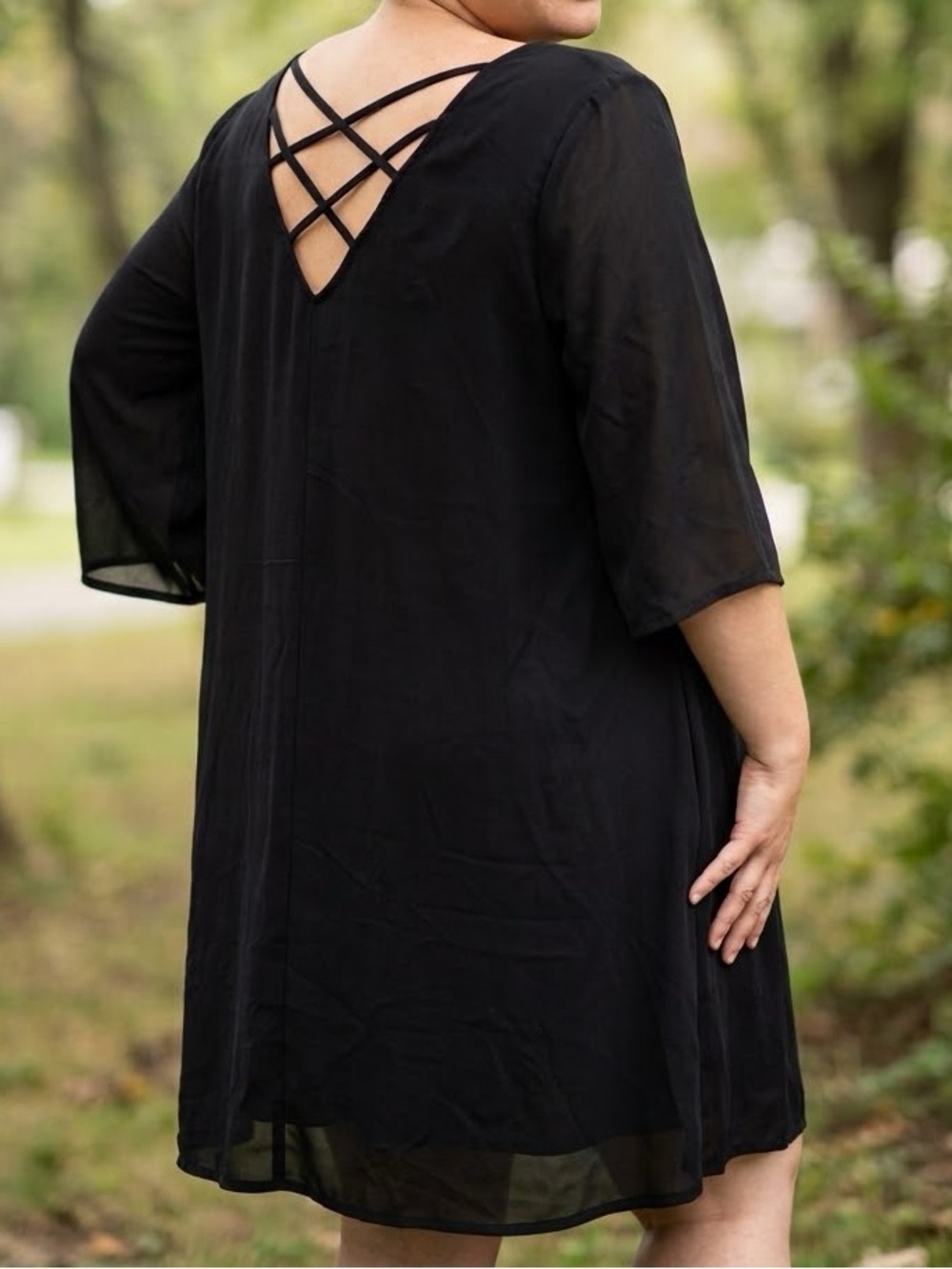 Lane Bryant black v neck open back cut out 3/4 length sleeve mini dress